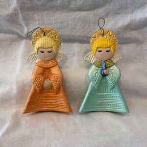 Set 2 Vtg Hand Painted Angel Christmas Ornaments Ceramic Mold 1980s Beautiful!